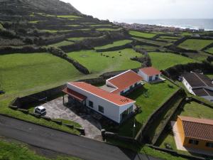 uma vista aérea de uma casa numa colina junto ao oceano em Oceanus em Faja Grande
