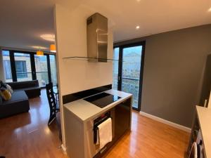 a kitchen with a stove top oven in a living room at Superb 1 Bedroom Serviced Apartment In City Centre in Birmingham