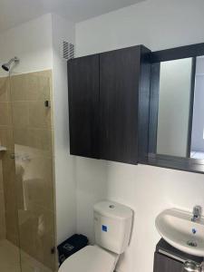 a bathroom with a toilet and a sink and a shower at Confortable apto en Armenia 1505 in Armenia +15 photos