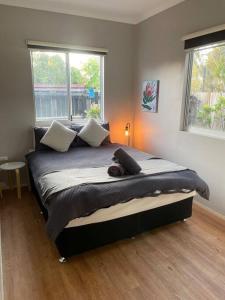 a large bed in a room with two windows at Kimberley Cottage in Cable Beach