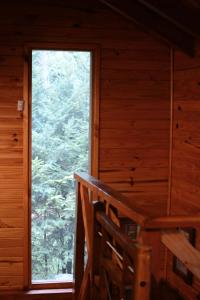 una ventana en una cabaña con vistas al bosque en La Solita en Villa La Angostura