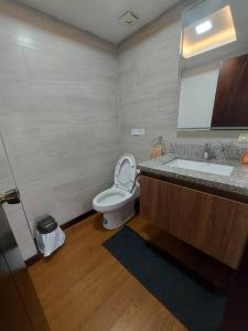 a bathroom with a toilet and a sink and a mirror at Departamento nuevo, elegante y muy cómodo. in Loja