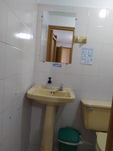 a bathroom with a sink and a toilet and a mirror at Hotel Colonial in Jardin