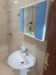 ein Badezimmer mit einem weißen Waschbecken und einem blauen Schrank in der Unterkunft Hostel Split Rock in Tirana