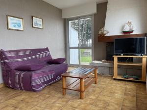 sala de estar con sofá púrpura y TV en Maison Locoal-Mendon, 3 pièces, 4 personnes - FR-1-397-71, en Locoal-Mendon