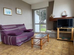 salon z fioletową kanapą i telewizorem w obiekcie Maison 3 pièces, vue Ria d'Étel, jardin clos, proche mer et plages - FR-1-397-71 w mieście Locoal-Mendon