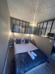 a bedroom with a bed and a chandelier at Cocon Cosy Nancy centre in Nancy