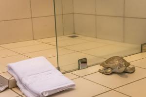 a turtle sitting on the floor next to a shower at Terida Airport B&B in Alajuela