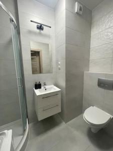a white bathroom with a toilet and a sink at VIP Apartamenty Witolda in Rzeszów