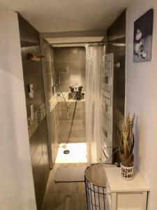 ein Badezimmer mit einer Dusche und einem Glastisch in der Unterkunft Gîte de charme le val Mellis classé 3 étoiles dans la douceur provençale in Vaumeilh