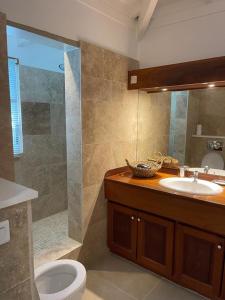 a bathroom with a shower and a toilet and a sink at Mahi-Mahi Lodge, piscine privee, orient bay in Orient Bay French St Martin