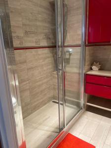 a glass shower in a bathroom with a red rug at VIP Apartment Kolorowa in Rzeszów