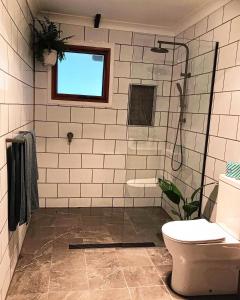 a bathroom with a shower and a toilet and a window at Hopkins Homestead Farm Stay Studio in Kettering