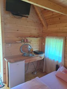 a bedroom with a desk in a wooden cabin at Gazela Bungalov 1 in Mojkovac