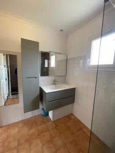 La salle de bains est pourvue d'un lavabo et d'une douche. dans l'établissement Confortable villa de vacances entre Nîmes, le Pont du Gard, Uzès, Arles, Avignon, à Marguerittes