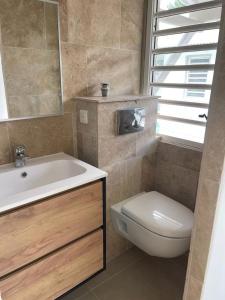 a bathroom with a white toilet and a sink and a sink at Wahoo lodge, piscine privée, orient bay in Orient Bay French St Martin