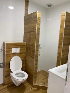 a bathroom with a toilet and a shower and a sink at Apartman Žepče in Žepče