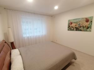 ein Schlafzimmer mit einem Bett und einem Wandgemälde in der Unterkunft Antonio house in Ramučiai