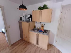 una pequeña cocina con armarios de madera y fregadero en Wohnung im Nationalpark Kalkalpen mit Badeplatz, en Reichraming