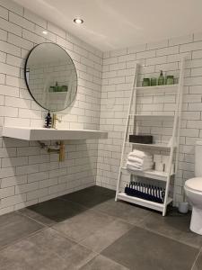 uma casa de banho com um lavatório, um espelho e um WC. em Coopers Rest Too 