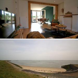 two pictures of a living room with a view of the ocean at Het Pareltje van Walsoorden in Walsoorden