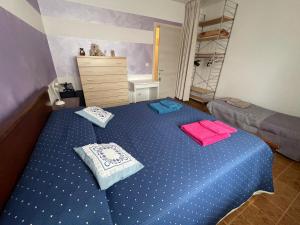 een slaapkamer met een blauw bed en handdoeken bij Comodo alloggio in Beinette - Casa Allegri in Beinette