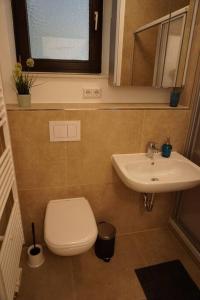 a bathroom with a toilet and a sink at Central City Apartment in Hanover in Hannover