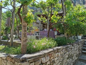 uma parede de retenção num jardim com árvores e flores em Guesthouse & hostel Lorenc em Berati