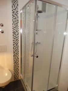 eine Dusche mit Glastür im Bad in der Unterkunft Ferienwohnung Moritz in Oy-Mittelberg