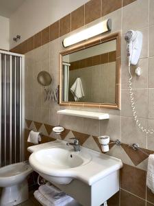 uma casa de banho com um lavatório, um espelho e um WC. em Hotel Vallisdea em Sala Consilina