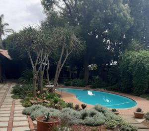 a swimming pool in a garden with trees and plants at Allo Allo in Boksburg