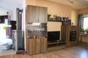 a living room with wooden cabinets and a television at Apartment Elisabeth in Kaumberg