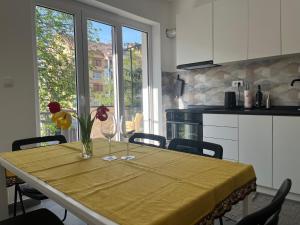 una cucina con un tavolo con un vaso di fiori sopra di Apartment LALA a Sombor