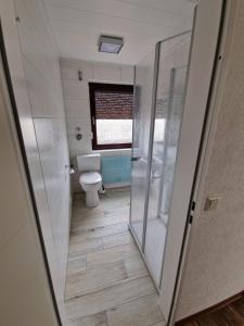 a bathroom with a toilet and a glass shower stall at Nordseeglück Franz in Dornumersiel
