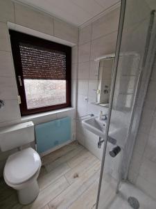 a bathroom with a toilet and a sink and a window at Nordseeglück Franz in Dornumersiel