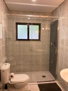 a bathroom with a shower and a toilet and a sink at Casa de Casarelhos - Casa de férias - Gerês in Geres