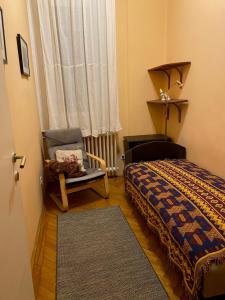 ブダペストにあるLili's homeのベッドルーム1室(ベッド1台、窓際の椅子付)