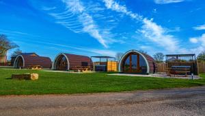 a group of three domed buildings on a grass field at Causeway Country Pods in Bushmills
