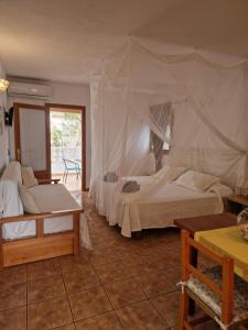 1 dormitorio con 2 camas y mosquitera en Viviendas Es Carnatge, Can Mestre en Playa de Migjorn