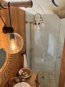 a bathroom with a shower with a sink and a lamp at Domescapes in the Vines in Sidmouth