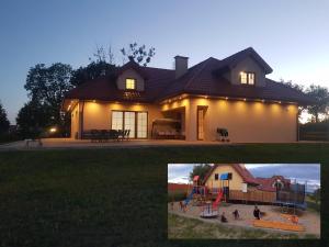 two pictures of a house with a playground at Pokoje u Emilii in Mikołajki