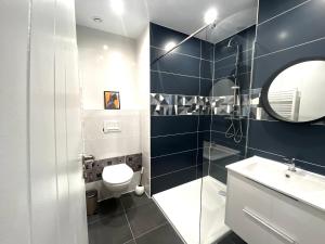 a bathroom with a toilet and a sink and a mirror at BARCARESA-Villa Flamants Roses in Le Barcarès +21 photos