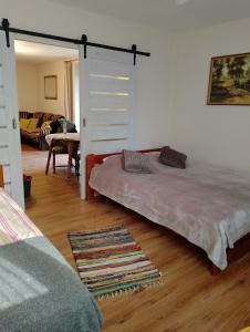 Kamienna Chata في Urowo: غرفة نوم مع سرير وغرفة معيشة