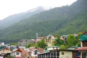 a group of houses in front of a mountain at Hotel Magnolia Mallroad Manali in Manāli