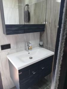a bathroom with a white sink and a mirror at T'eiberveld Yurt verhuur Noord-Sleen in Noord-Sleen