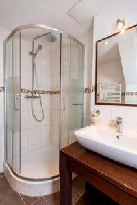 a bathroom with a shower and a sink and a mirror at Hotel Haus Sajons in Plau am See