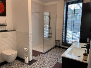 a bathroom with a shower and a toilet and a sink at Vakantiewoningen Bienvenue, Le Pont in Lanaken