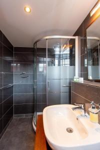 a bathroom with a sink and a shower at Hotel Haus Sajons in Plau am See