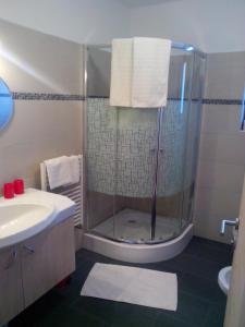 W łazience znajduje się prysznic i umywalka. w obiekcie Prestihof w mieście San Vigilio di Marebbe