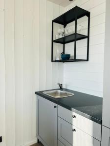 a bathroom with a sink and a mirror at Aitvarai 41 in Svencelė +142 photos